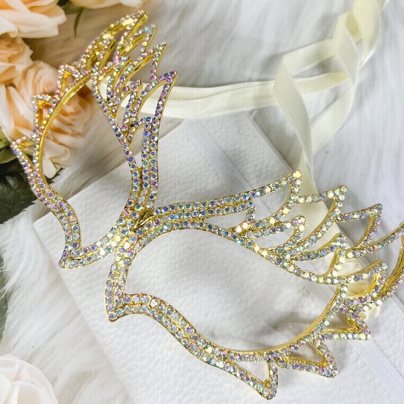 Gold Masquerade Mask, Venetian Mardi Gras Mask, AB Crystal Prom Party Eye Mask - Picture 2 of 7